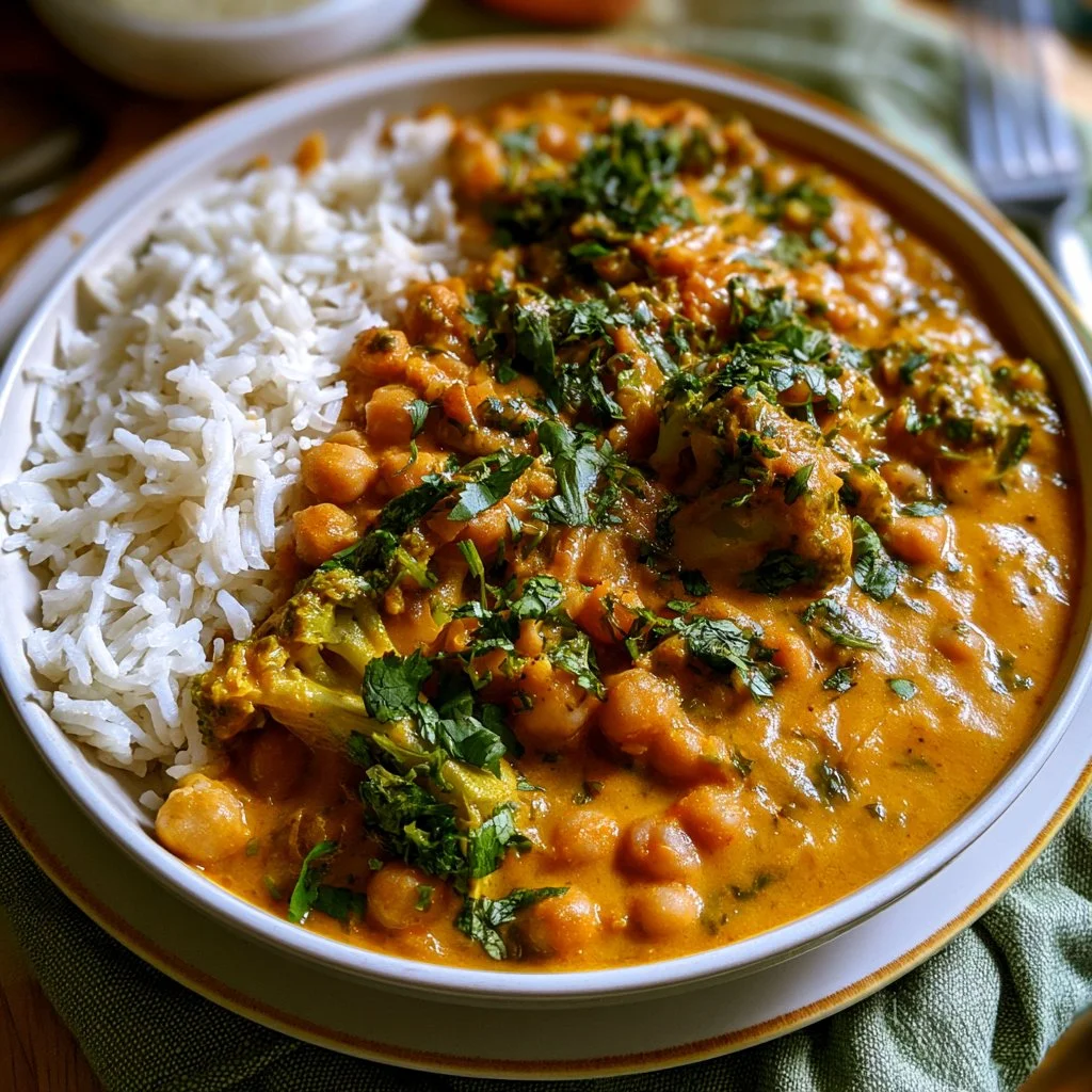 Curry de brocoli et pois chiches servi dans un bol.
