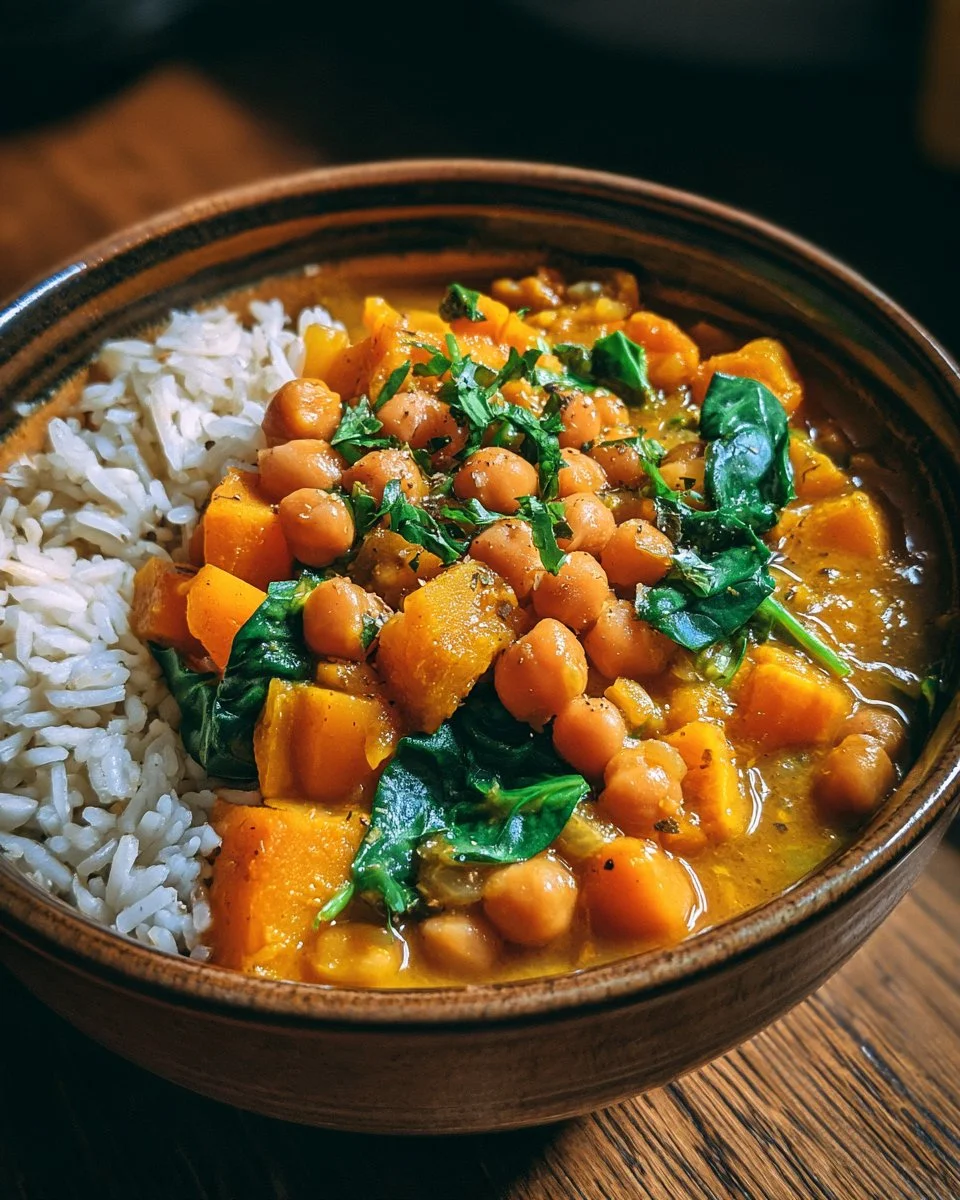 Curry de pois chiches avec potimarron et épinards dans un bol coloré