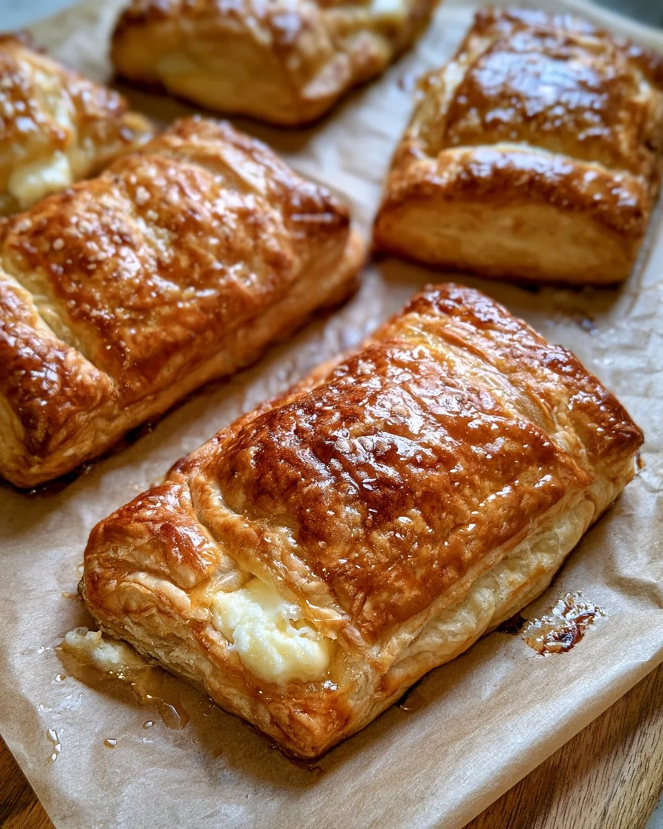 Feuilletés au chèvre, pomme et miel présentés sur une assiette