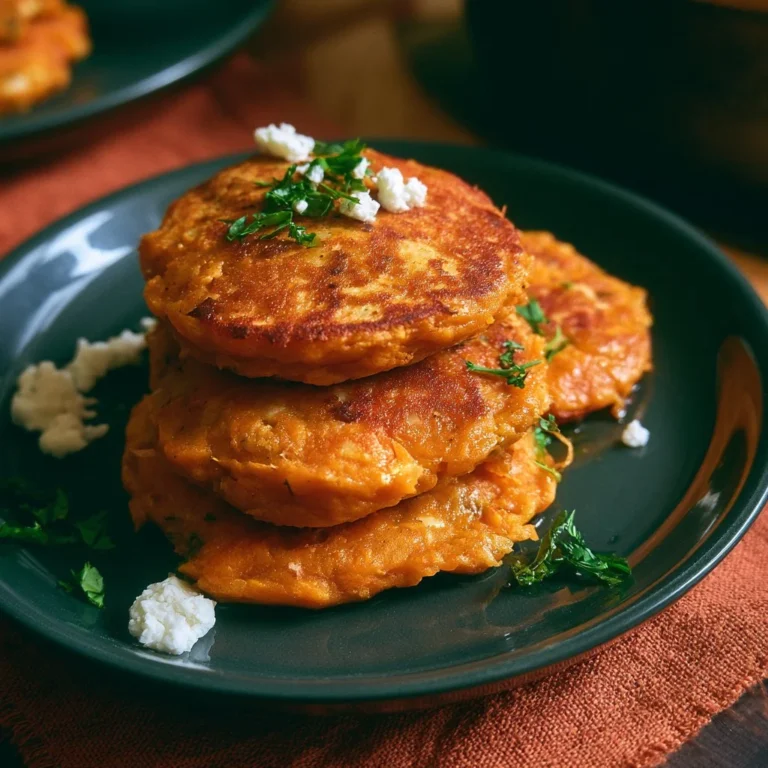 Galettes de patate douce et feta prêtes à être servies dans une assiette.