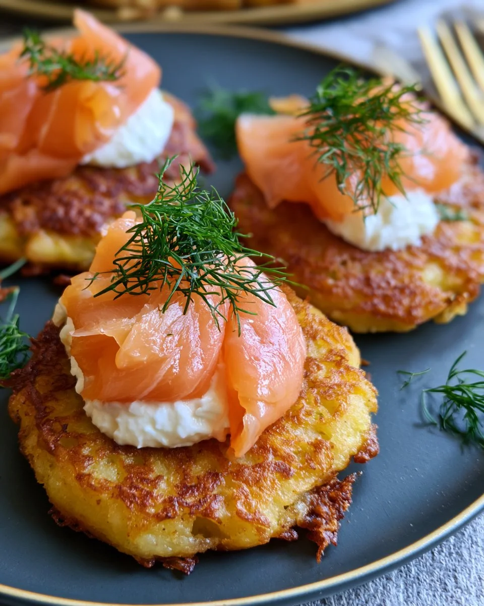 Galettes de pommes de terre croustillantes avec saumon fumé.