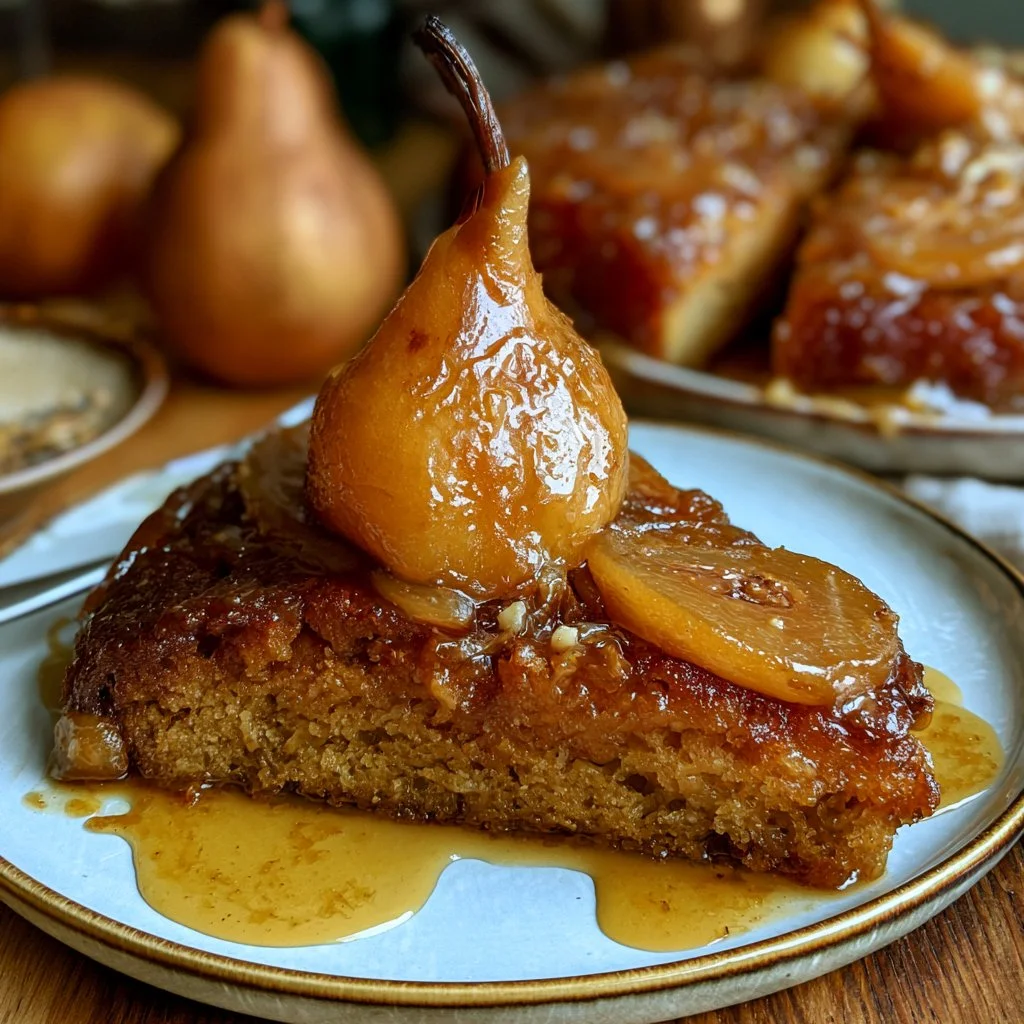 Gâteau renversé aux poires et caramel, un dessert savoureux et élégant.