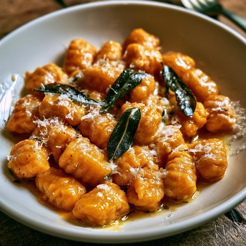 Gnocchis de potimarron au beurre de sauge présentés dans une assiette gourmande