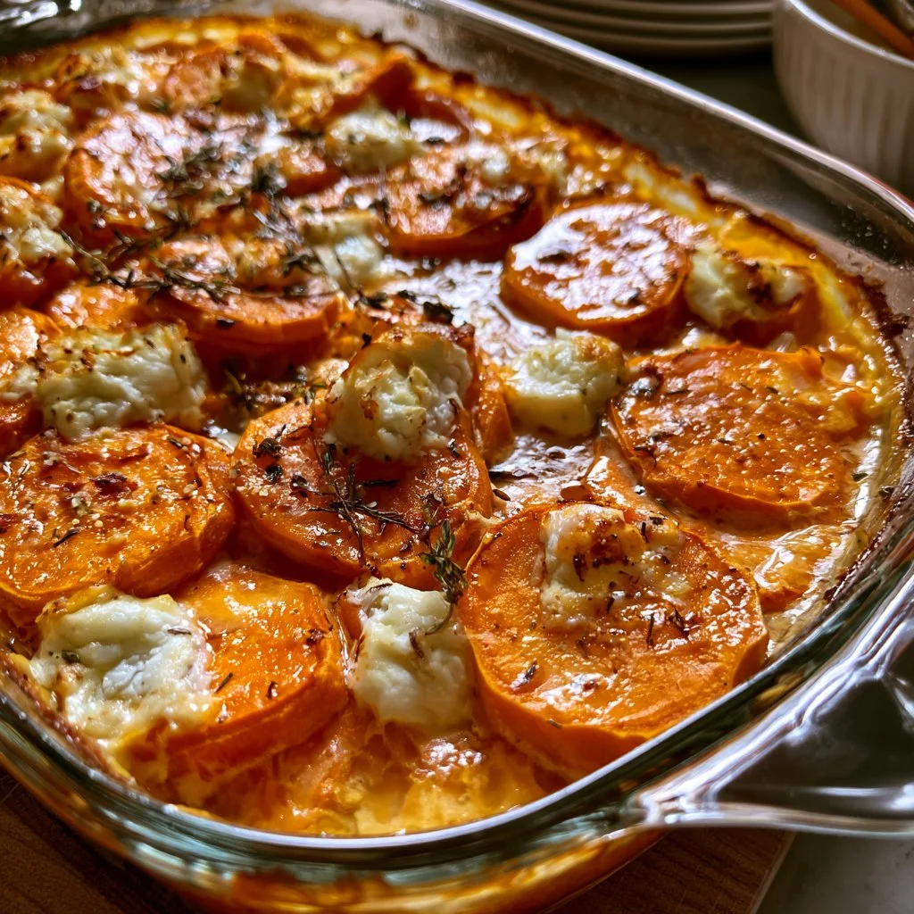 Gratin de patate douce au chèvre savoureux et crémeux, parfait pour vos repas.
