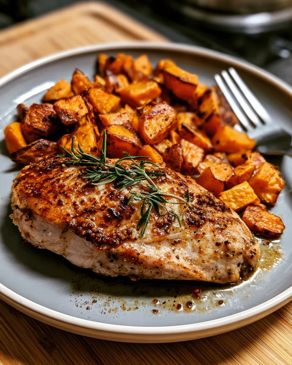 Poulet miel-moutarde servi avec des patates douces rôties sur une assiette