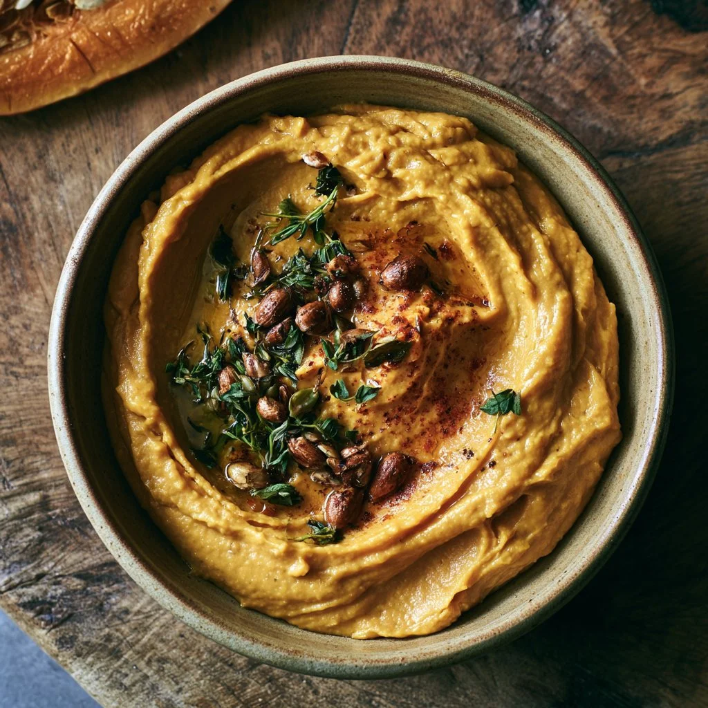 Bol de houmous de butternut rôtie avec des légumes frais en accompagnement