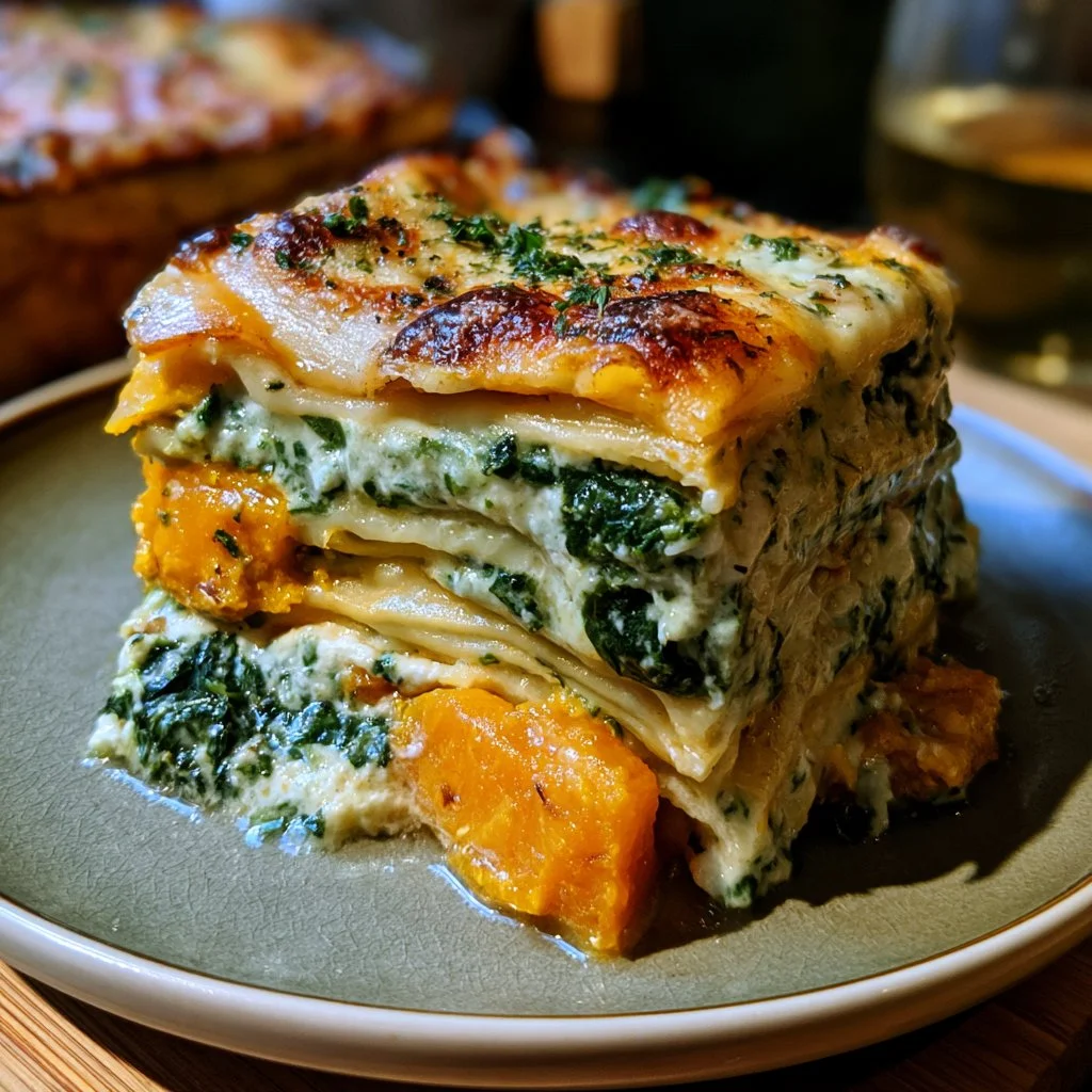 Lasagnes de butternut avec épinards et ricotta, un plat savoureux et nutritif.