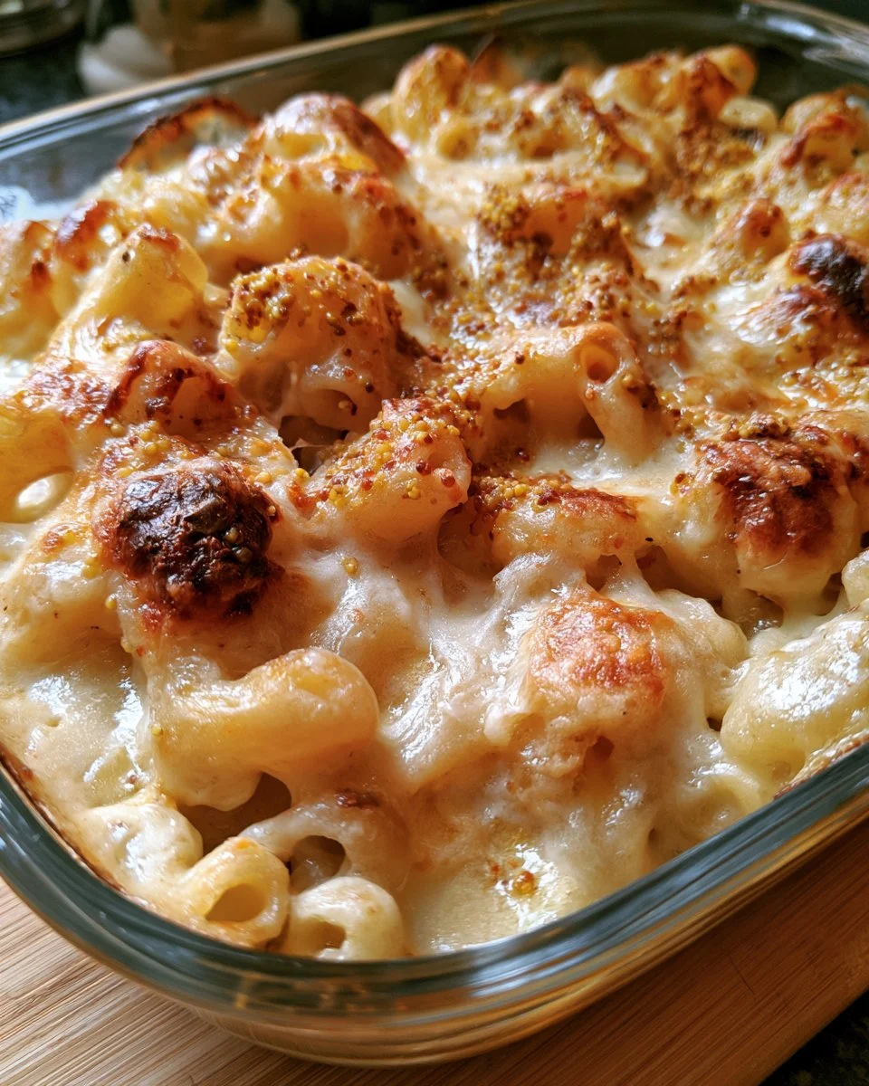 Assiette de macaroni gratinés au comté et à la moutarde, plat savoureux et réconfortant.