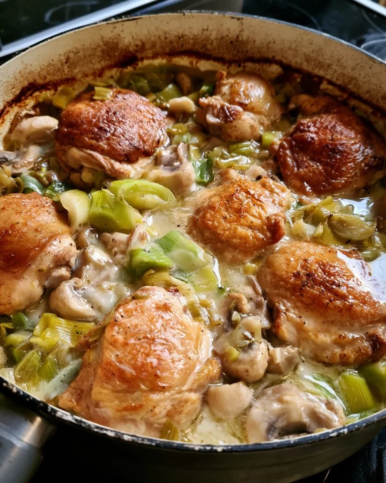 Poulet fondant avec poireaux et crème légère dans une assiette