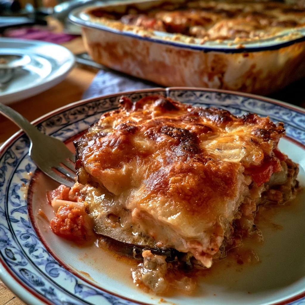 Moussaka légère aux aubergines servie dans un plat traditionnel