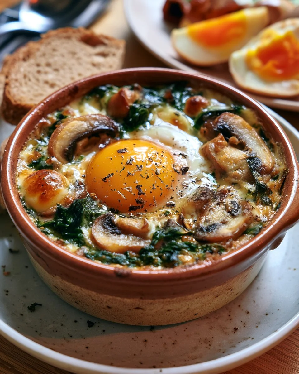 Recette d'œufs cocotte aux épinards et champignons, plat gourmet facile à réaliser.