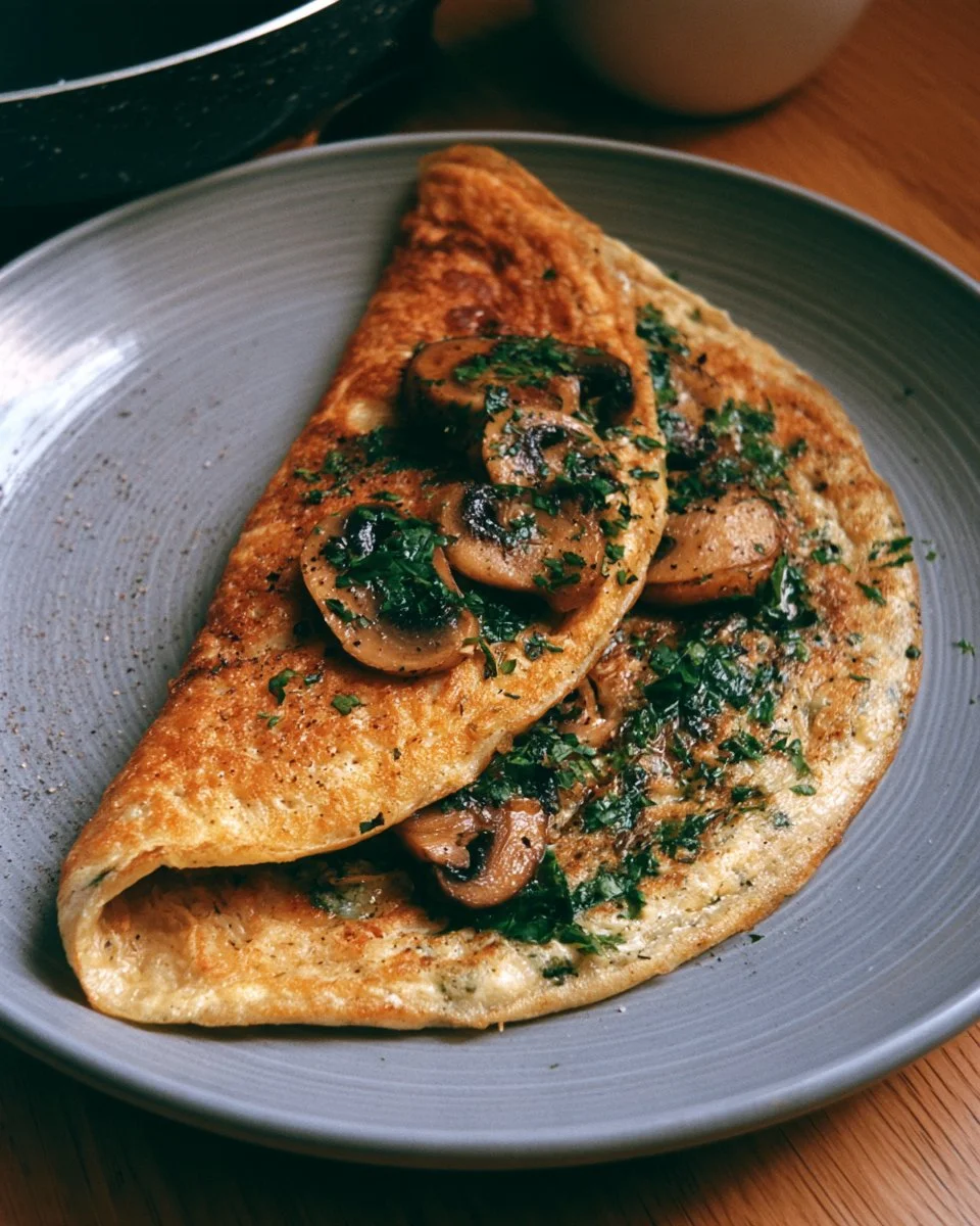 Omelette forestière préparée avec des champignons et des fines herbes