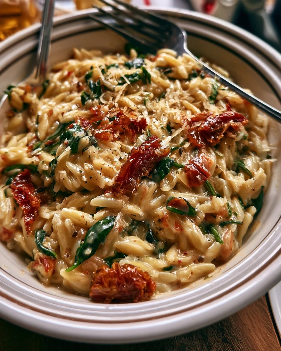 Assiette d'orzo crémeux aux épinards et tomates séchées, plat délicieux et réconfortant