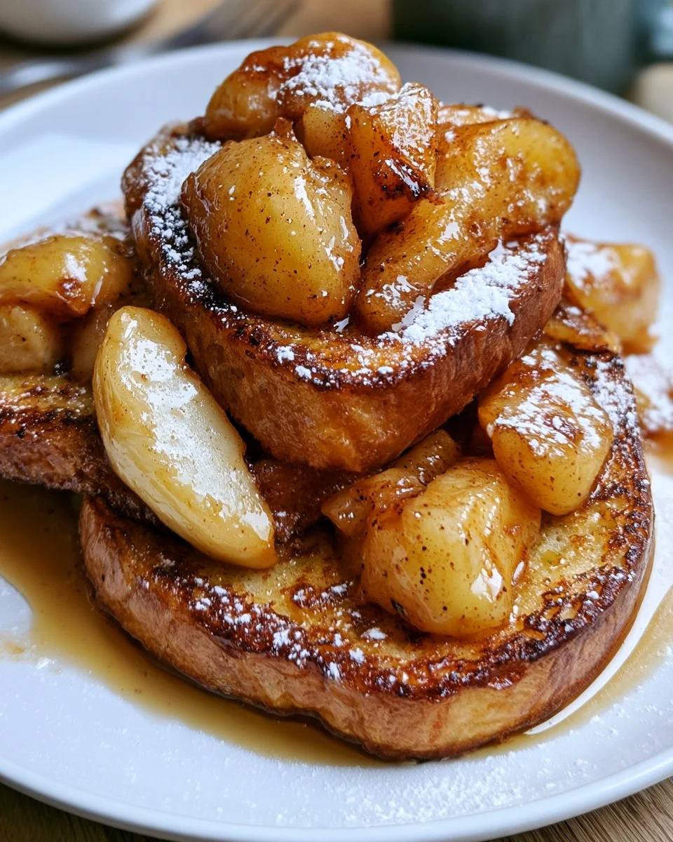 Plat de pain perdu brioché avec pommes caramélisées, dessert délicieux.