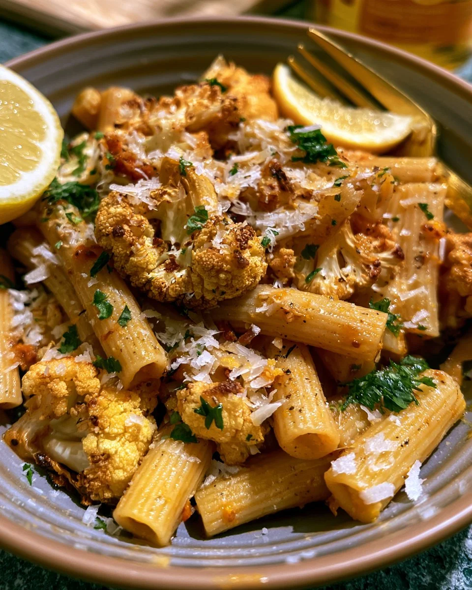 Pâtes au chou-fleur rôti avec parmesan et citron dans un bol.