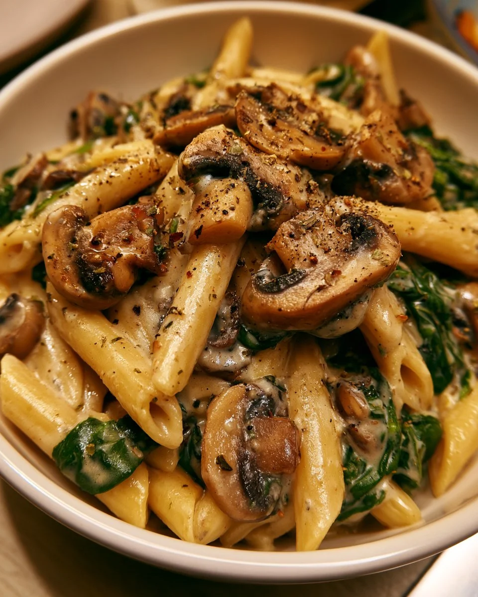 Pâtes crémeuses aux champignons et épinards servies dans un plat élégant.