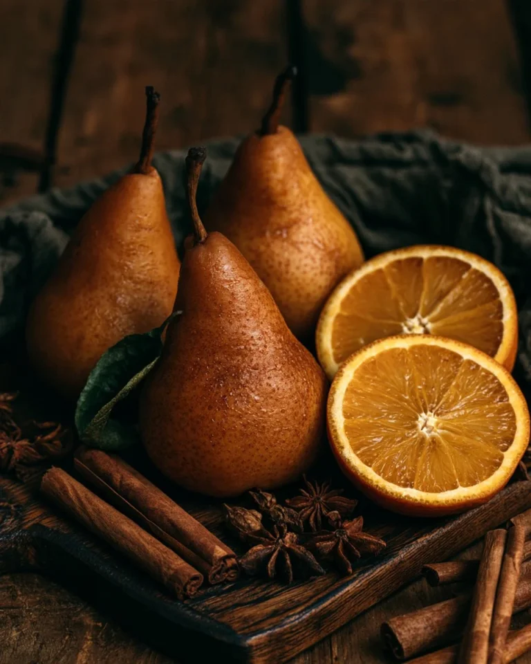 Poires pochées aux épices et à l'orange servies dans un plat élégant