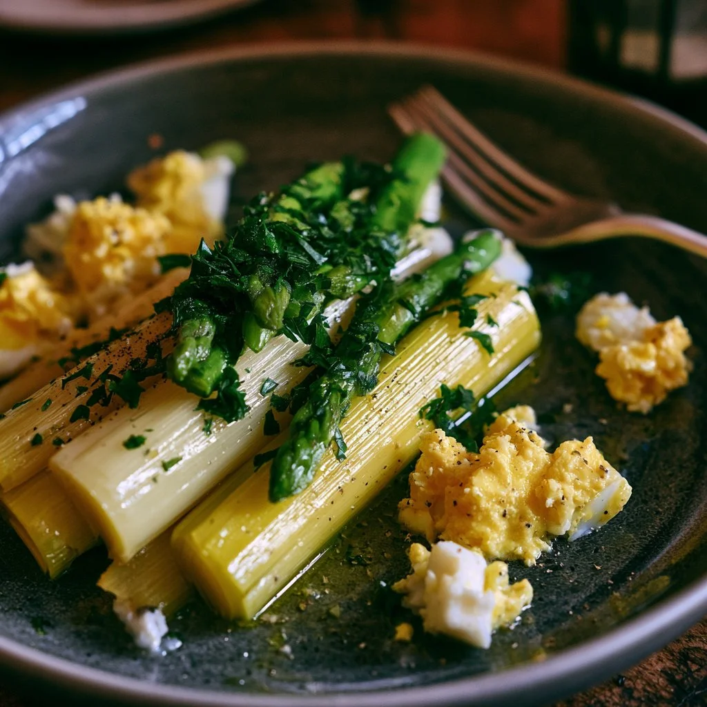 Poireaux vinaigrette aux œufs mimosa sur une assiette garnie