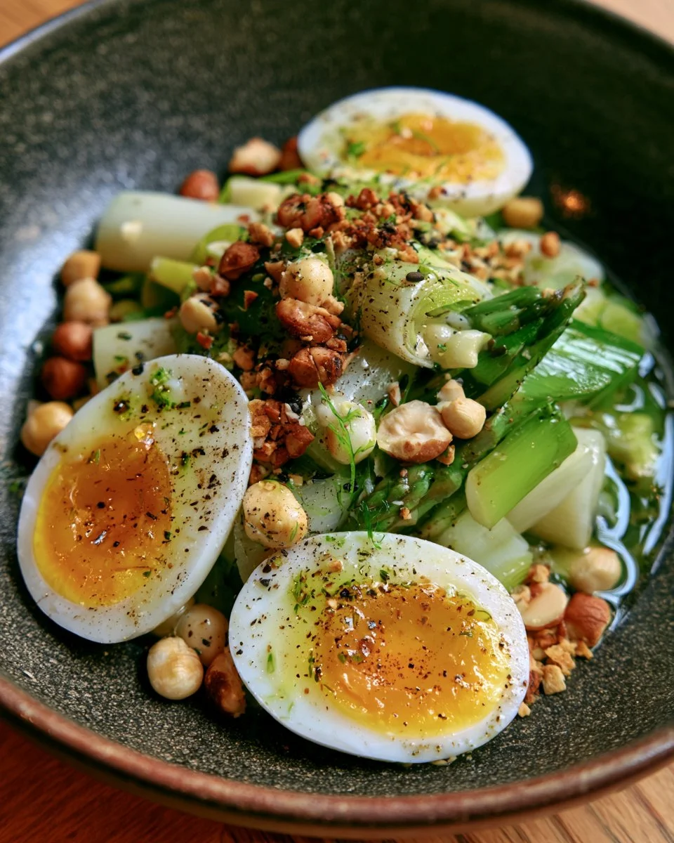 Poireaux vinaigrette avec œufs mollets et noisettes en présentation élégante