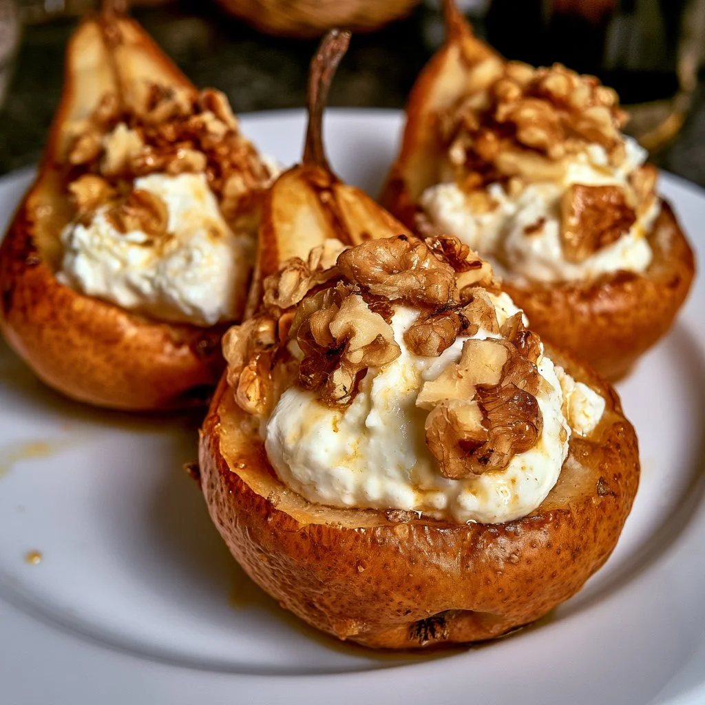Poires farcies au chèvre et aux noix, plat savoureux et original.