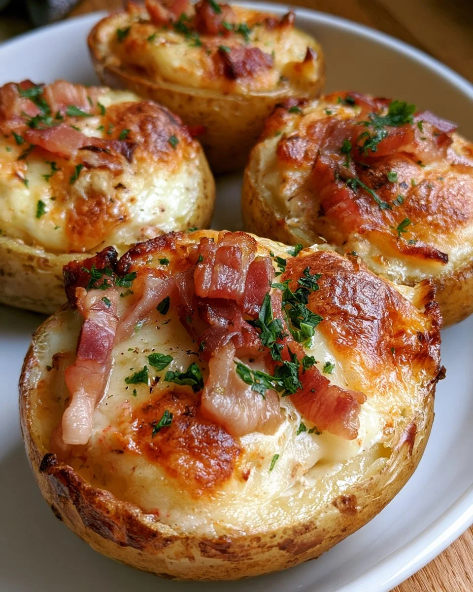 Pommes de terre farcies au reblochon et lardons, plat savoureux et réconfortant.