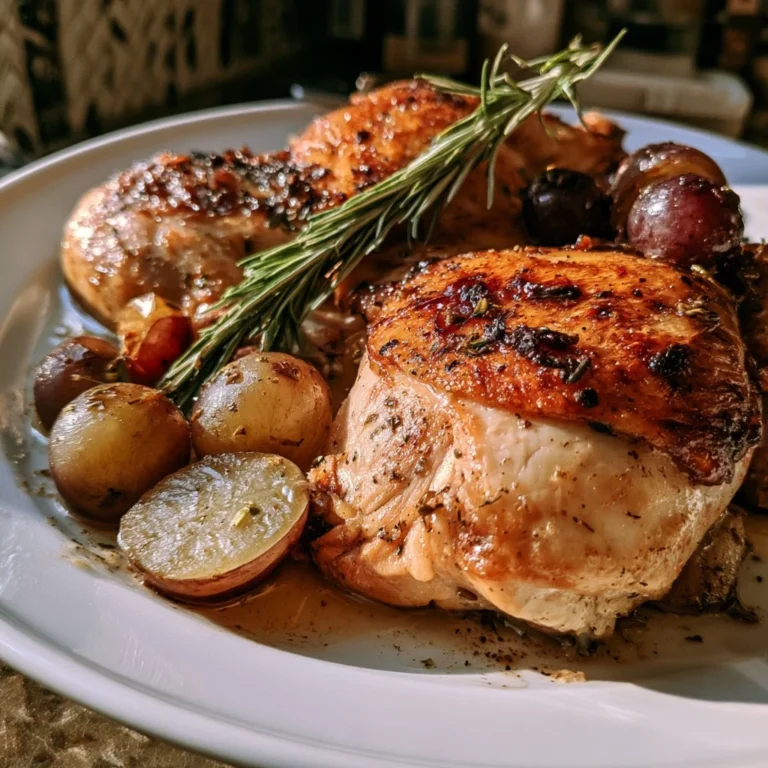 Poulet rôti aux raisins et romarin, un plat réconfortant savoureux et parfumé.