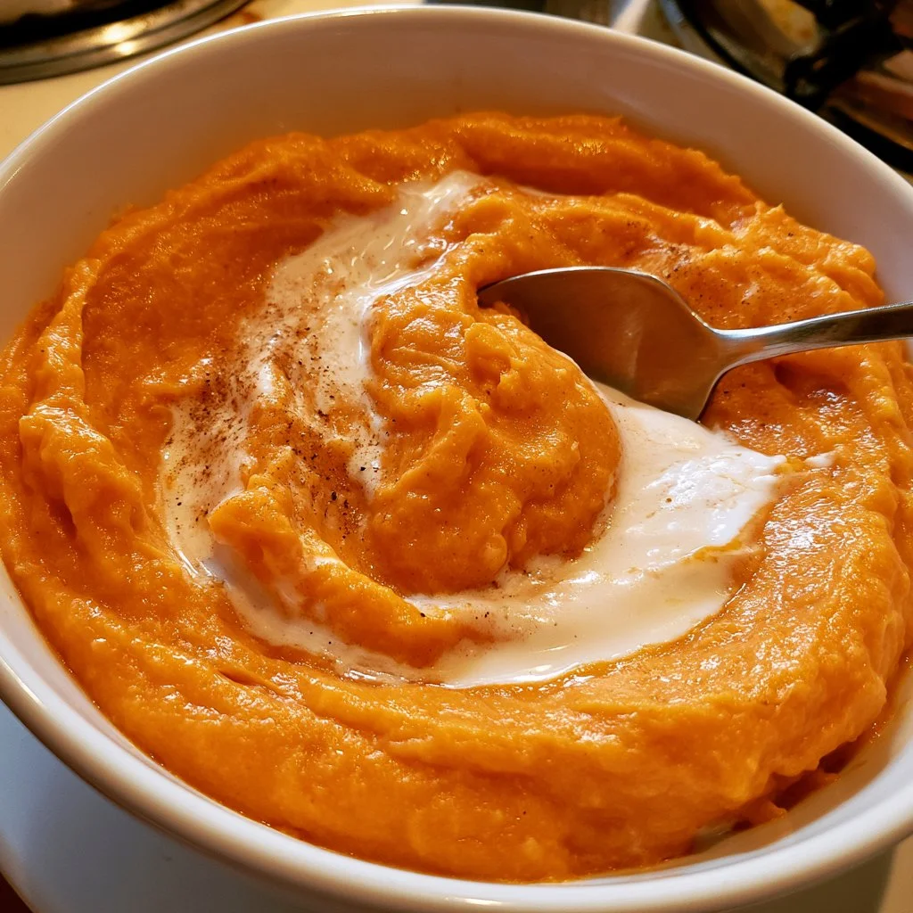 Purée de patate douce au lait de coco dans un bol, garnie d'herbes fraîches.