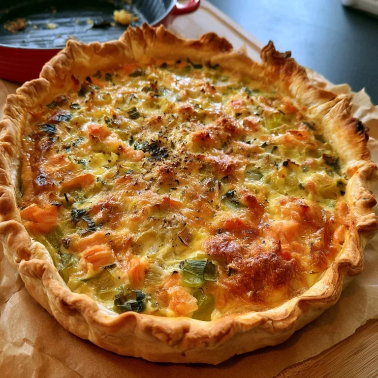 Quiche aux poireaux et saumon décorée, prête à être servie.