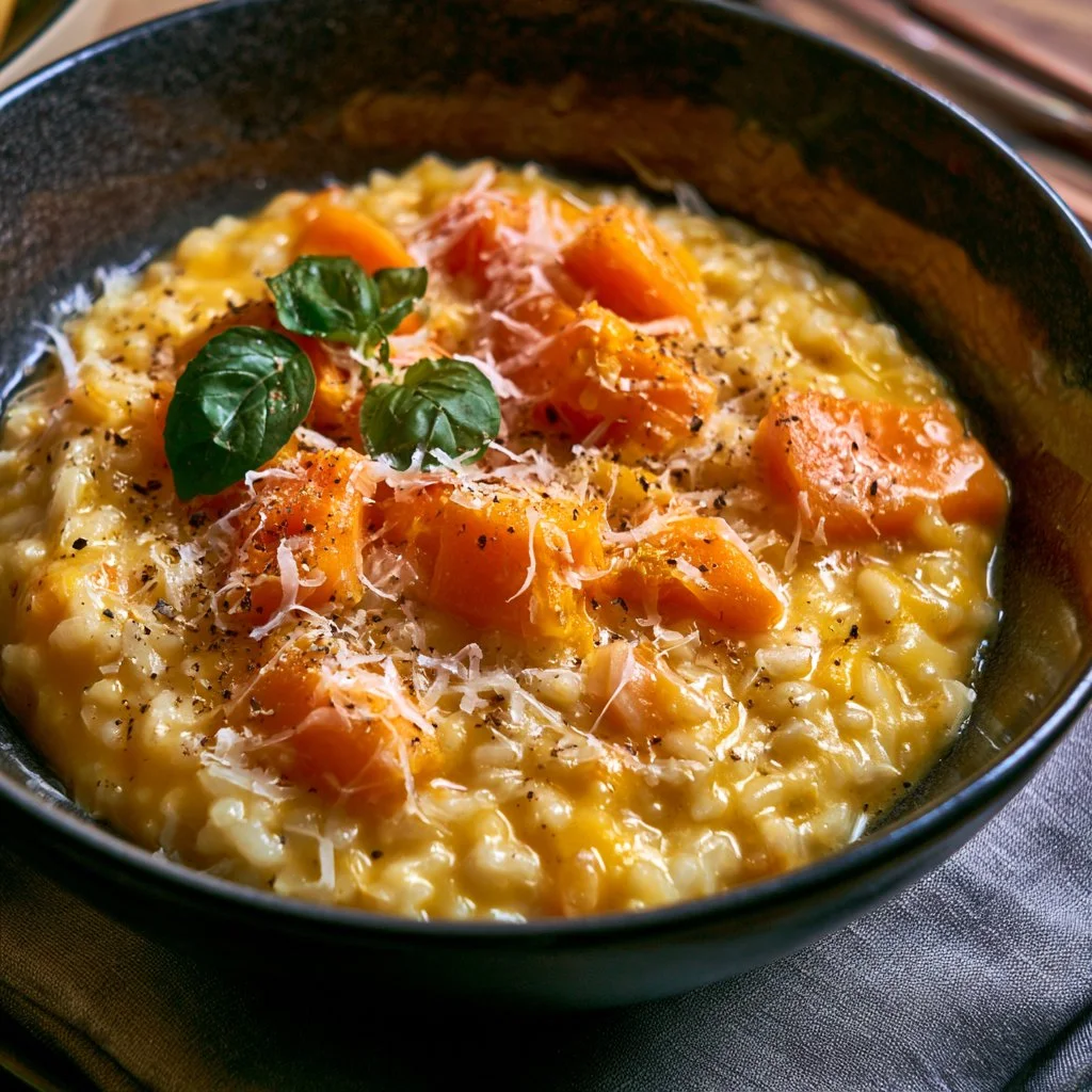 Risotto de potimarron au comté servi dans un bol avec du fromage fondu