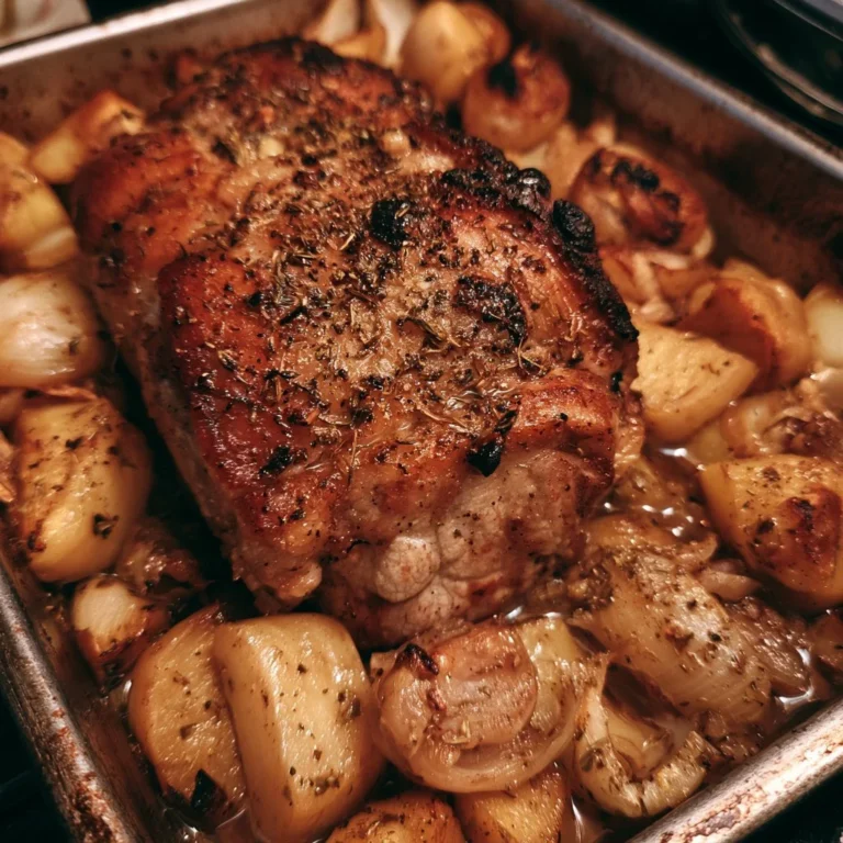 Rôti de porc aux pommes et oignons dans un plat en terre cuite, prêt à être servi.