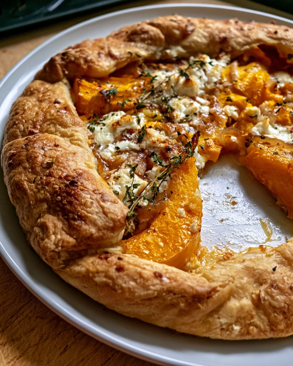 Rustic tart aux courges, fromage de chèvre et oignons caramélisés sur une assiette.
