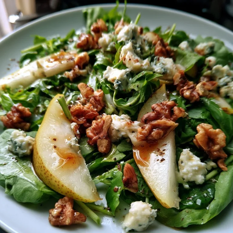 Salade de poires avec roquefort et noix sur un plat élégant.
