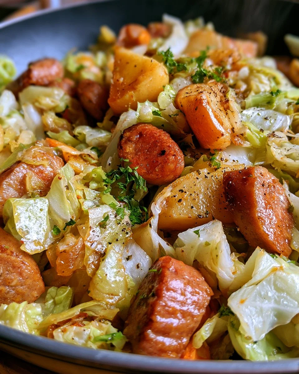 Sauté de chou vert avec saucisse et pommes dans une poêle.