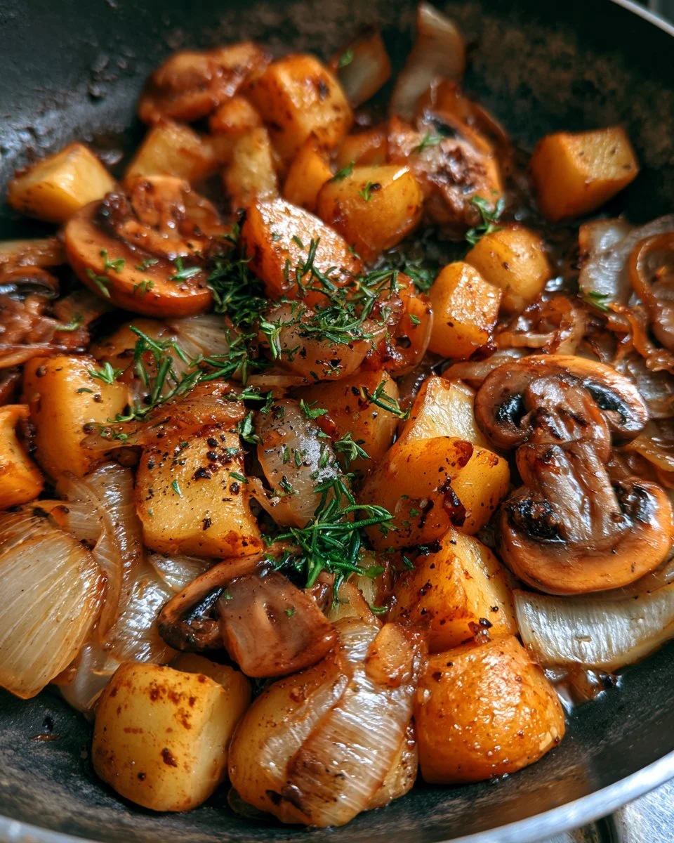 Sauté de pommes de terre, champignons et oignons savoureux dans une poêle.