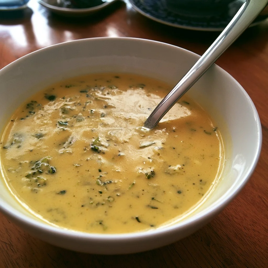 Soupe de brocoli au cheddar servie dans un bol élégant avec des herbes fraîches.
