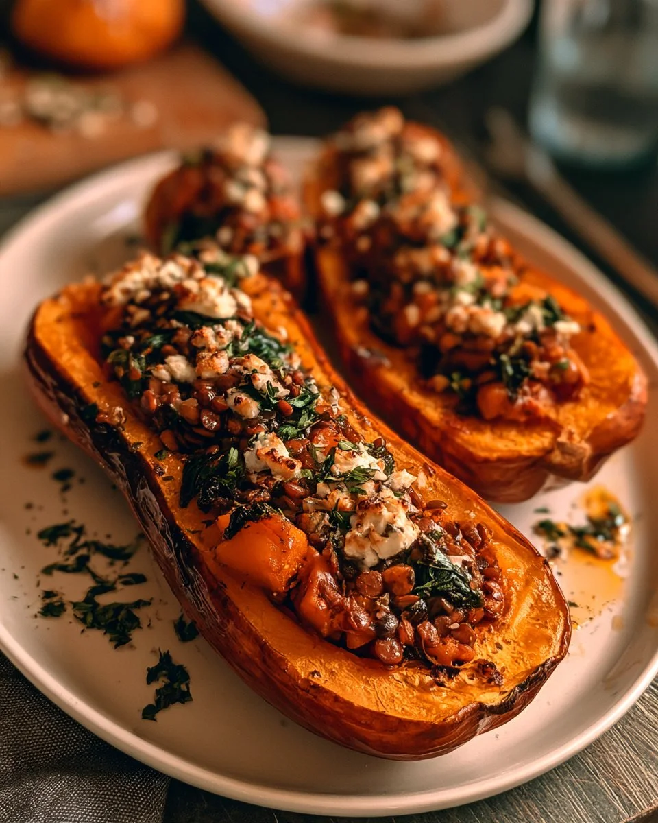 Courge farcie aux lentilles, épinards et feta sur une assiette savoureuse