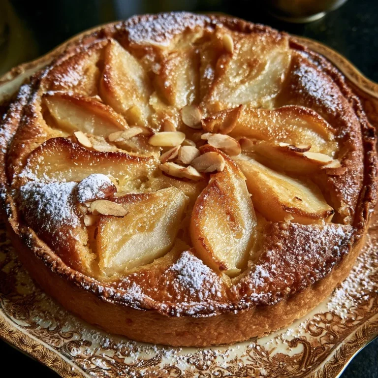 Tarte amandine aux poires délicatement garnie de fruits juteux et crémeux.
