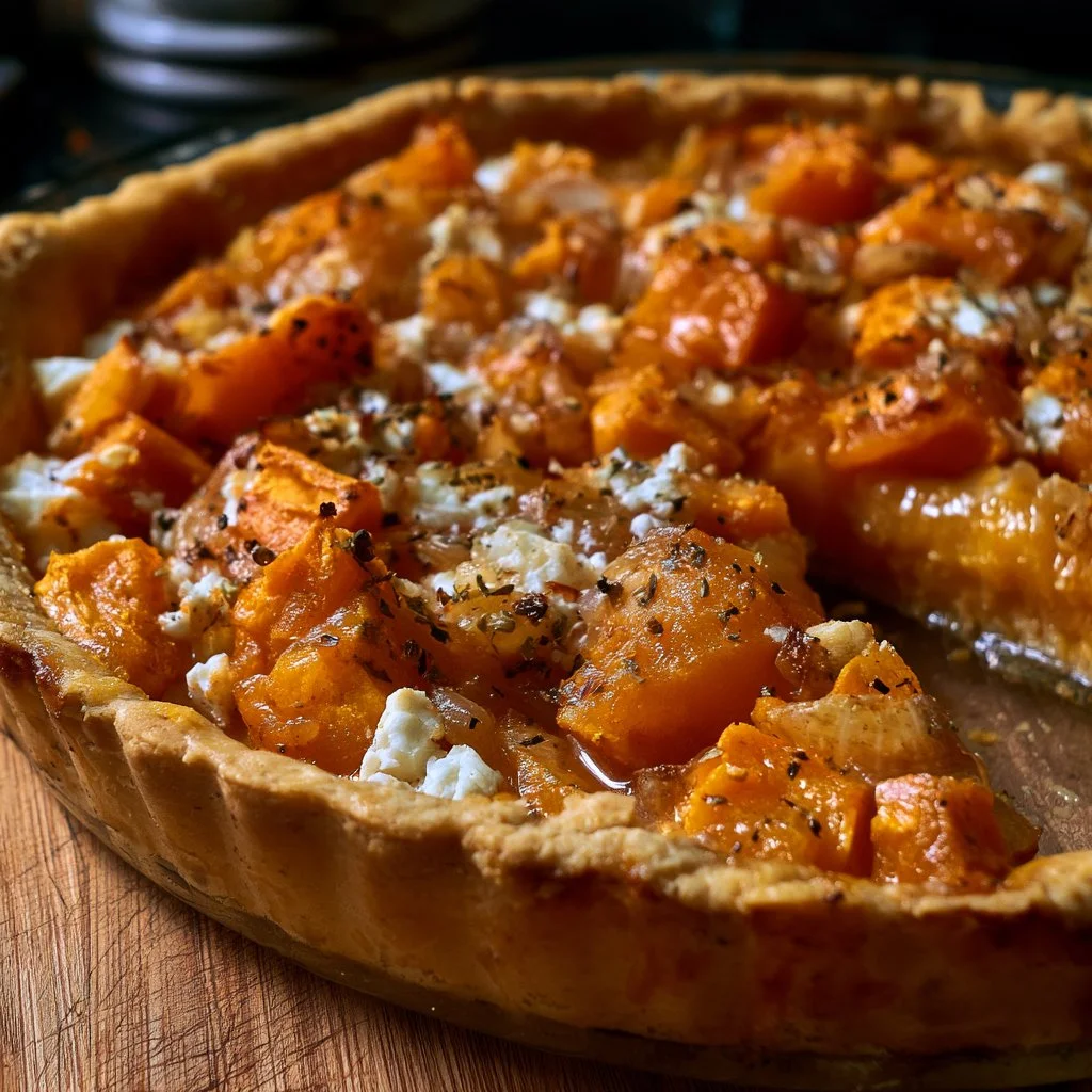 Tarte au potimarron, chèvre et oignons sur une table en bois