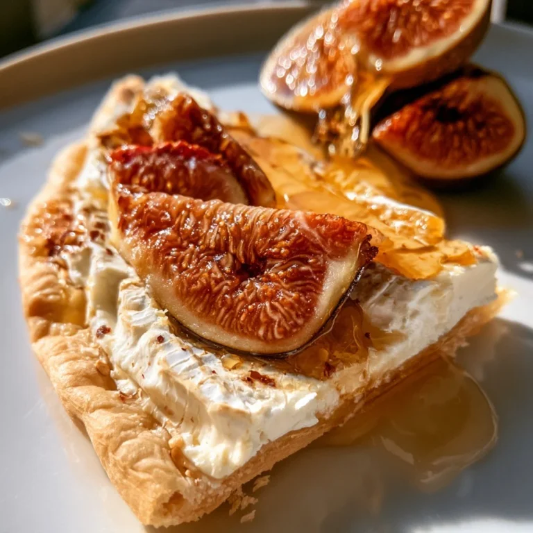 Tarte fine aux figues, chèvre et miel, présentée sur une table