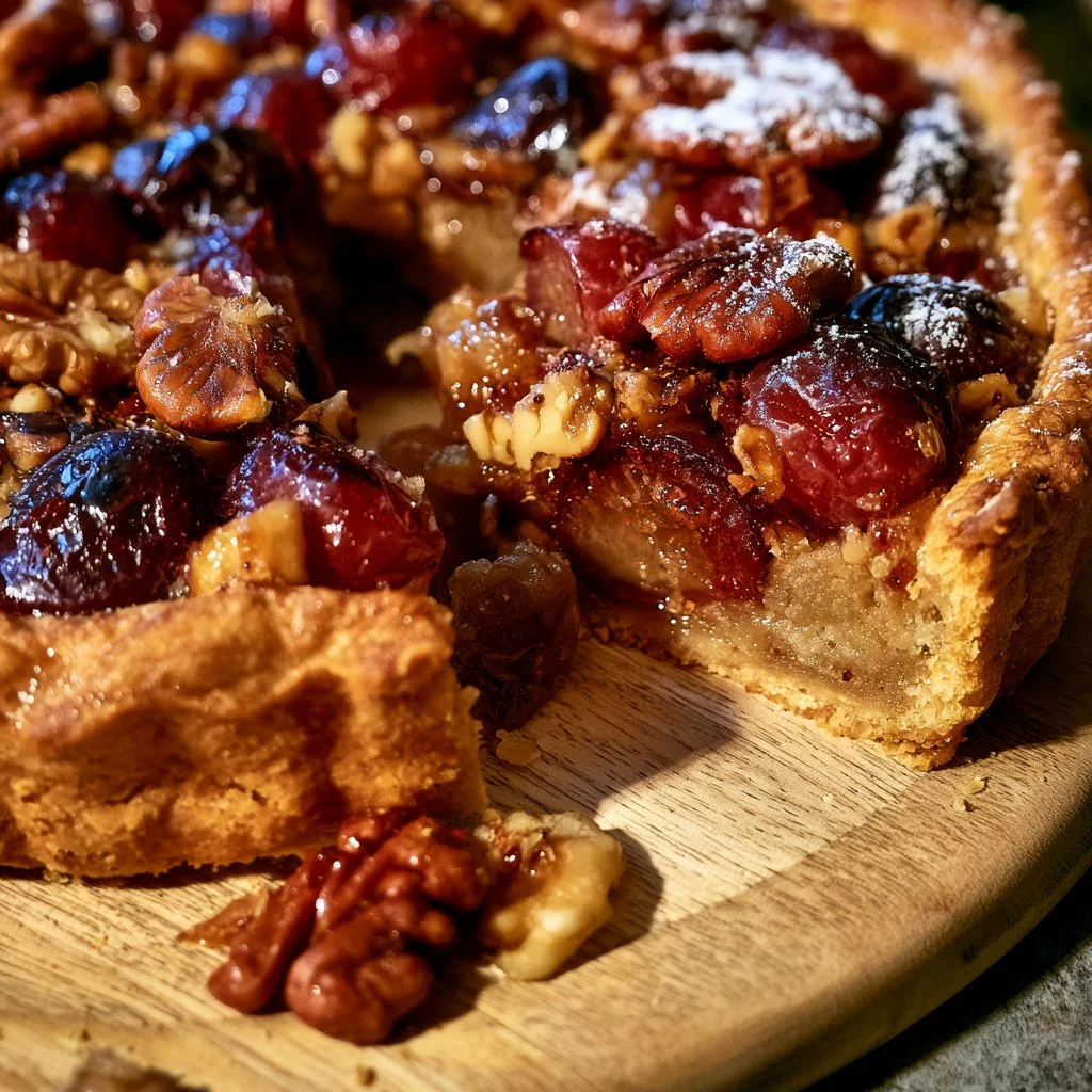 Tarte rustique au raisin et aux noix, dessert fait maison et savoureux.