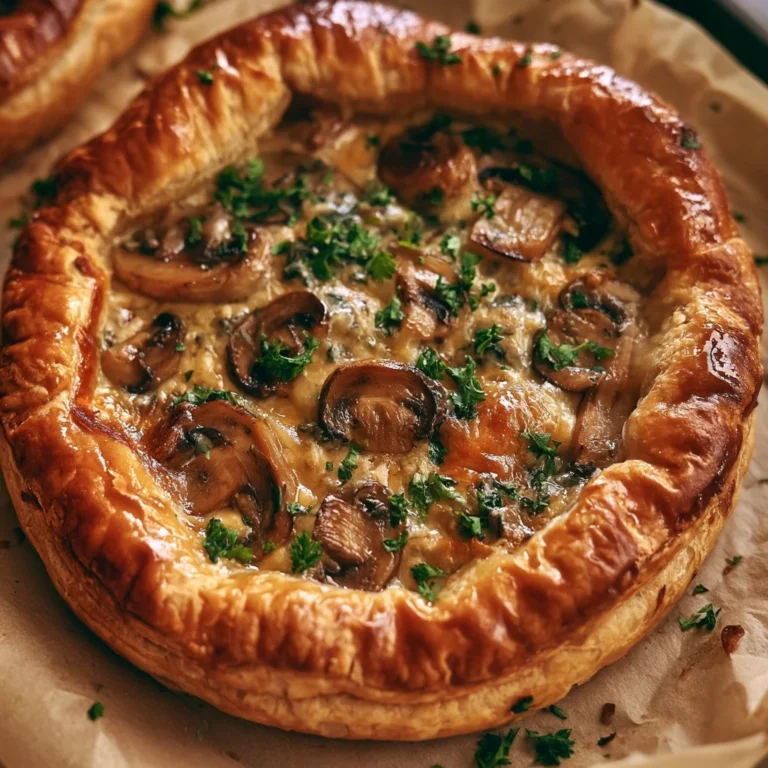 Tarte rustique aux champignons et fromage bleu sur une table en bois.