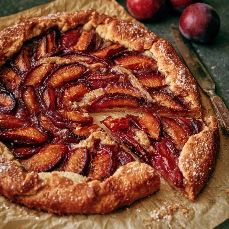 Tarte rustique aux prunes et aux amandes sur une table en bois