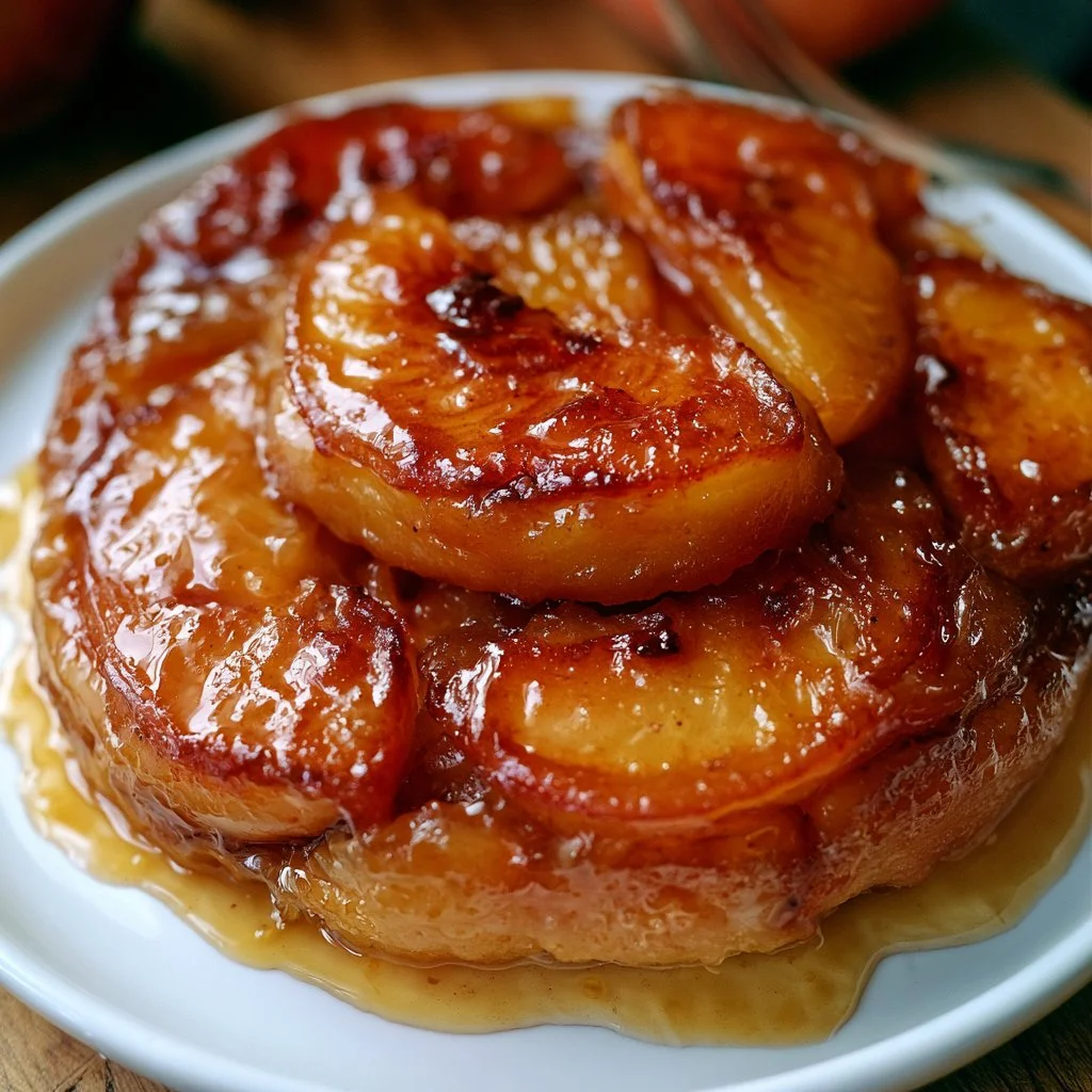 Tarte Tatin aux pommes caramélisées, garnie de pommes dorées et de caramel
