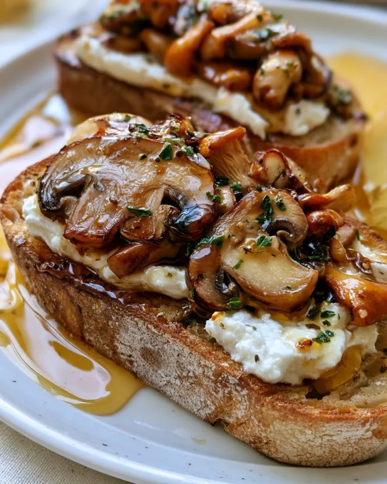 Tartines chaudes aux champignons, fromage de chèvre et miel sur une planche