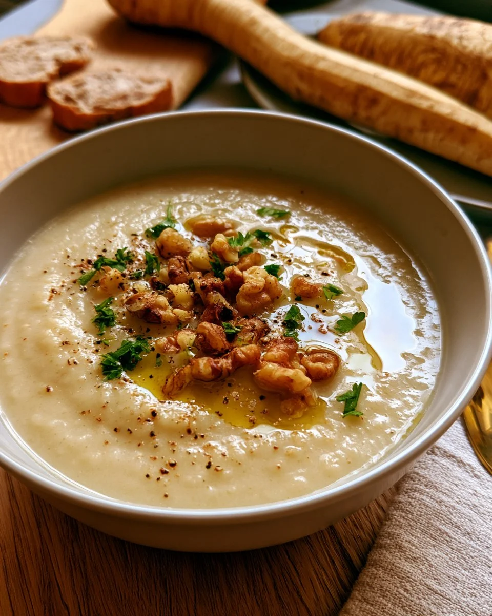 Bol de velouté de céleri-rave, pomme et noix servi chaud