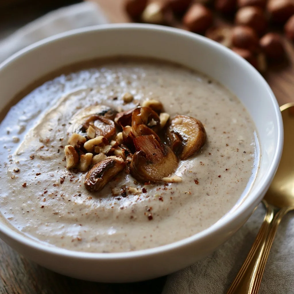 Velouté de champignons aux noisettes savoureux dans un bol
