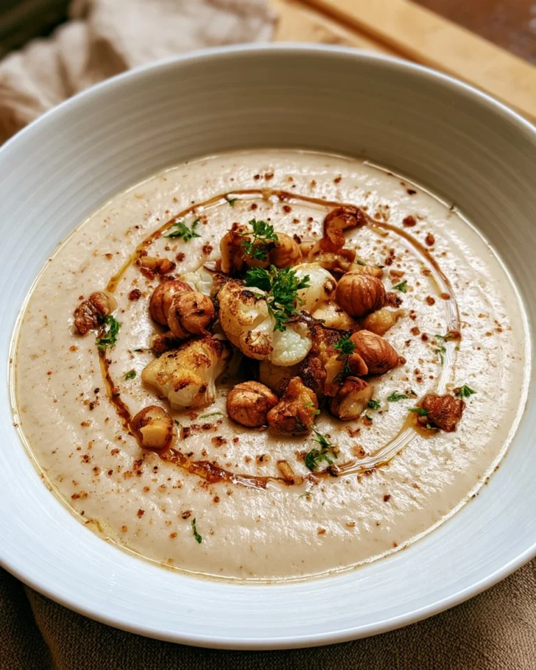 Bol de velouté de chou-fleur rôti aux noisettes servi avec une garniture