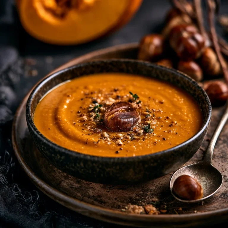 Bol de velouté de potimarron aux châtaignes, une recette crémeuse et chaleureuse.