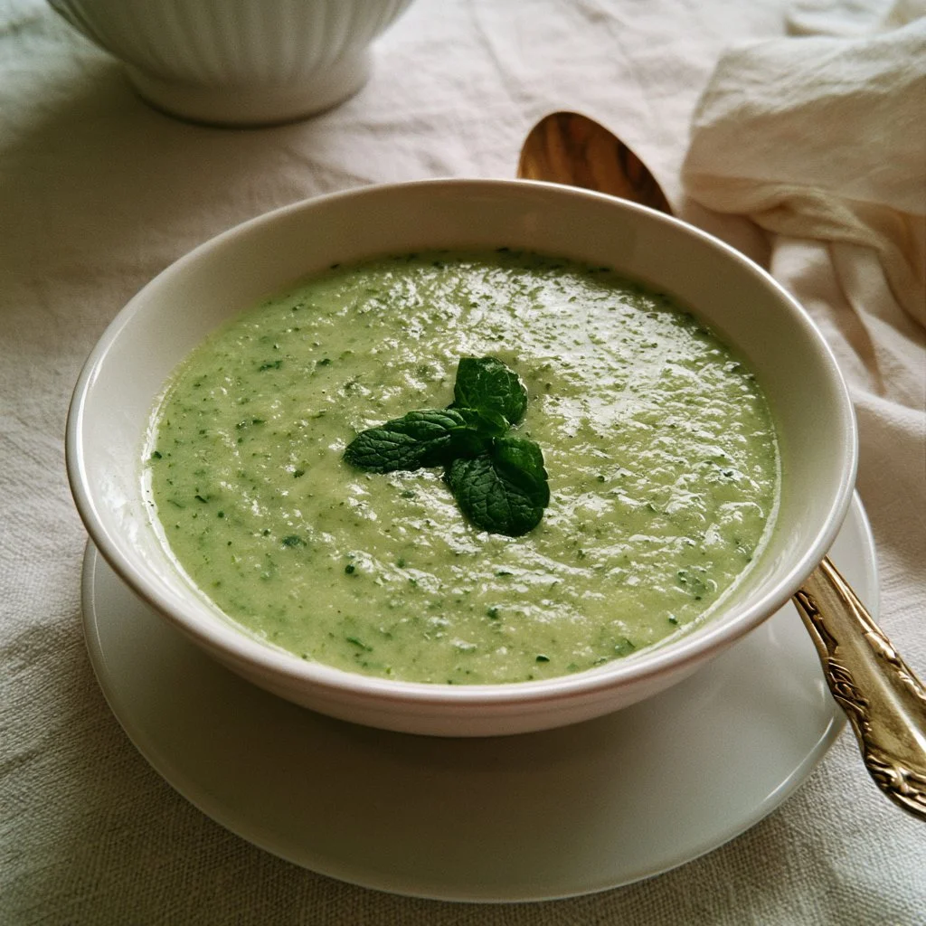 Velouté froid de courgette à la menthe dans un bol, idéal pour l'été